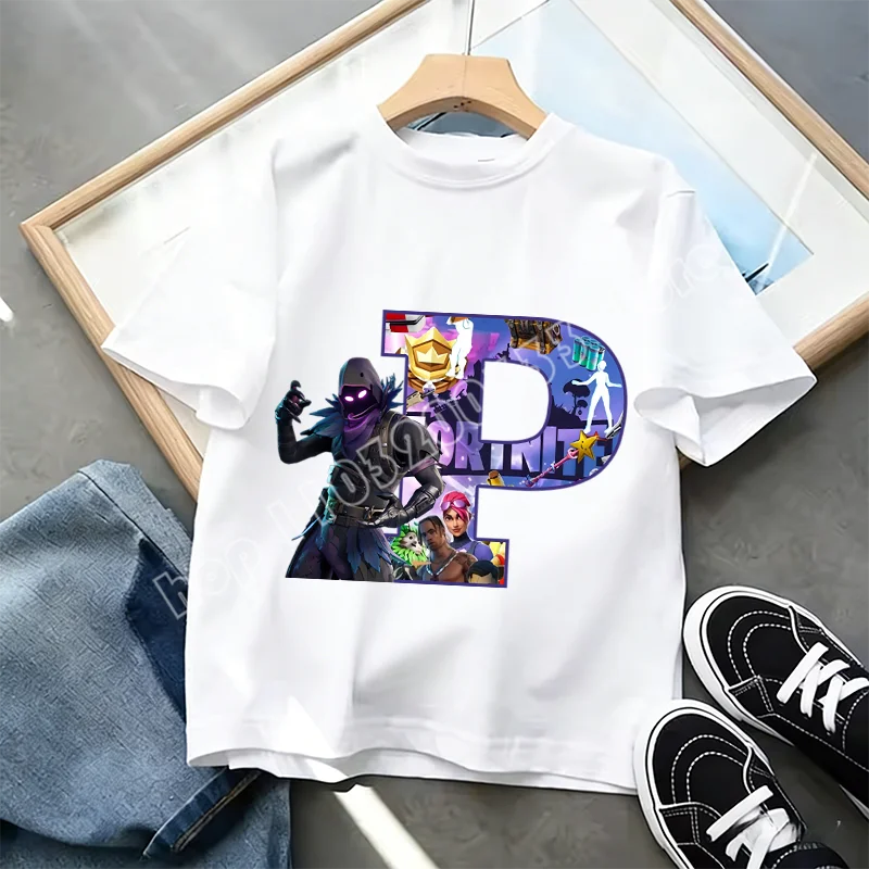 Fortnite A-Z Alphabet Print T-Shirt für Kinder, Sommer, weiß, beliebtes Cartoon-Game-Shirt, modisches Casual-Kurzarmtop, Geschenk