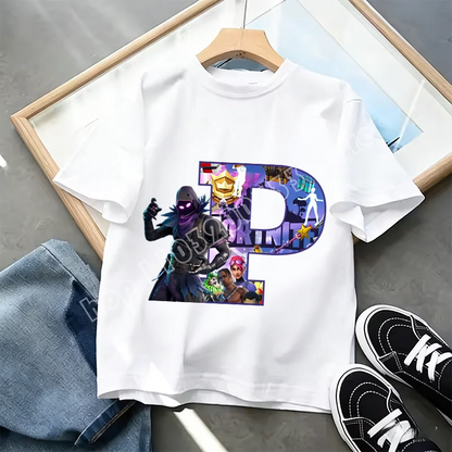 Fortnite A-Z Alphabet Print T-Shirt für Kinder, Sommer, weiß, beliebtes Cartoon-Game-Shirt, modisches Casual-Kurzarmtop, Geschenk