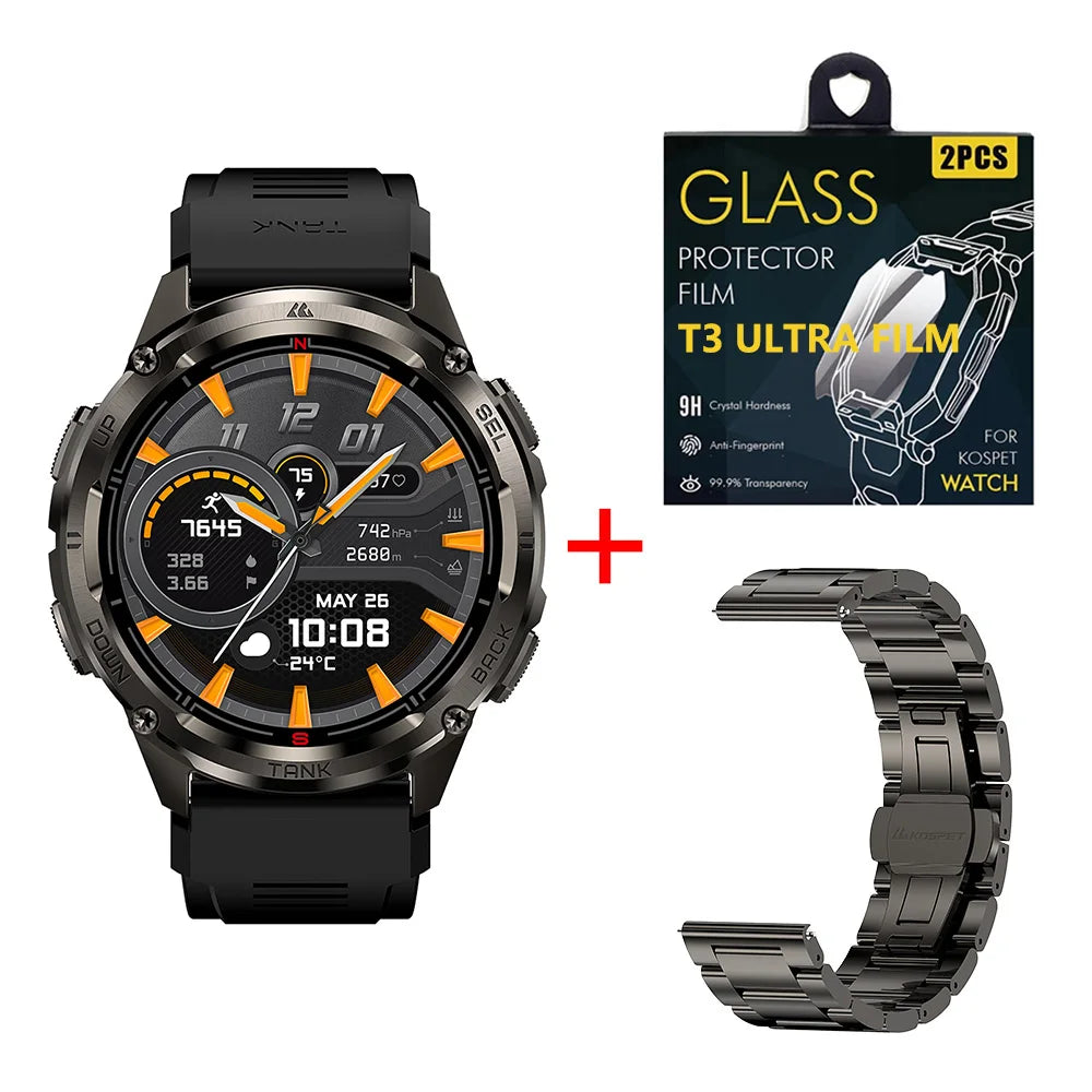 Ceas inteligent KOSPET TANK T3 Ultra 2 pentru bărbați, cu GPS, din oțel inoxidabil, rezistent la apă până la 50 m, IP69K, monitor de sănătate, compatibil cu Android și iOS