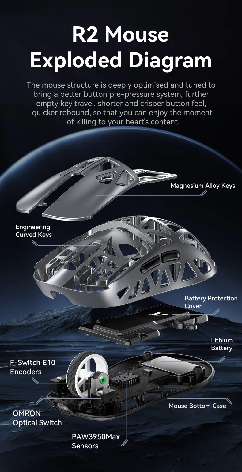 Attack Shark R2 bežični gaming miš PAW3950 8K od magnezijeve legure, lagani gaming miš s Bluetooth tri-mode povezivanjem za gaming/ured