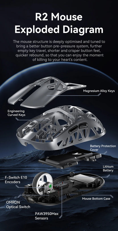 Attack Shark R2 bežični gaming miš PAW3950 8K od magnezijeve legure, lagani gaming miš s Bluetooth tri-mode povezivanjem za gaming/ured