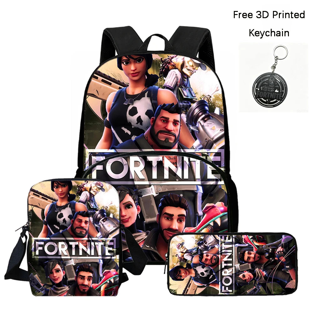 FORTNITE 3Pcs School Backpack Set,Front Pocket Bag Crossbody Pencil Case,Age5-10 Boys Girls Lightweight,Free 3D Printed Keychain