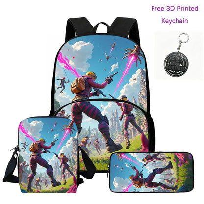 FORTNITE 3Pcs Lightweight Backpack With Front Pocket,Crossbody Bag&Pencil Case For Age 5-10 Boys Girls,Free 3D Printed Keychain