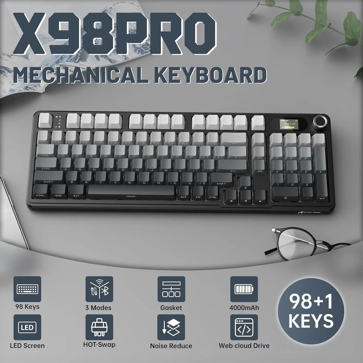 ATTACK SHARK X98 RGB Wireless Mechanical Keyboard, LED Smart Display & Knob, Hot Swappable, Pre-lubed Linear Switches