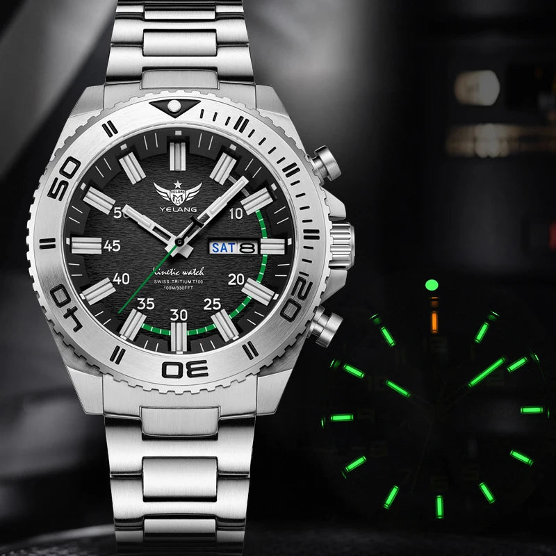 Yelang Watches V1035 44mm Men's Diving Watch Human Kinetic Energy Watch 100m Waterproof Watches Luminous Japan PX83 Sapphire
