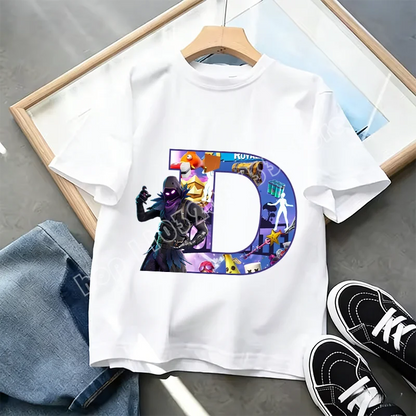 Fortnite A-Z Alphabet Print T-Shirt für Kinder, Sommer, weiß, beliebtes Cartoon-Game-Shirt, modisches Casual-Kurzarmtop, Geschenk