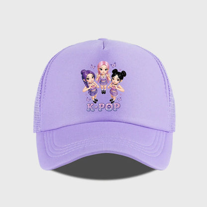 K-POP Cute Cartoon Girl Group Print Sponge Mesh Cap | Unisex Adjustable Mesh Baseball Cap | Y2K K-Pop Fan Street Style Sun Hat