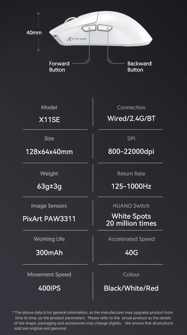Rato Gaming Sem Fios ATTACK SHARK X11SE, Tri-Mode, Superleve de 63g com Sensor PAW3311, 22000 DPI, Bateria de 300mAh, Duplo Driver