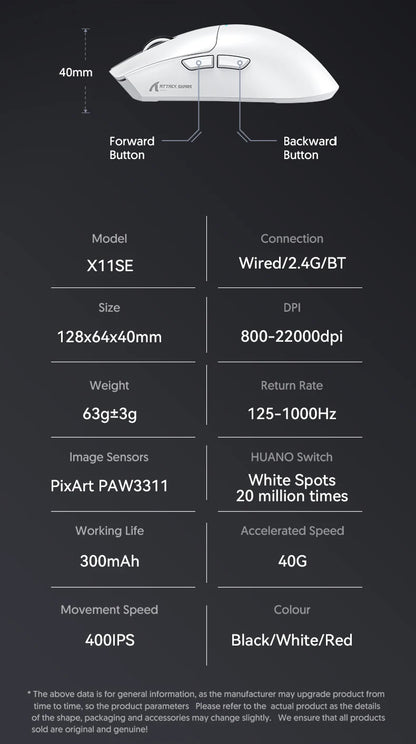 Rato Gaming Sem Fios ATTACK SHARK X11SE, Tri-Mode, Superleve de 63g com Sensor PAW3311, 22000 DPI, Bateria de 300mAh, Duplo Driver