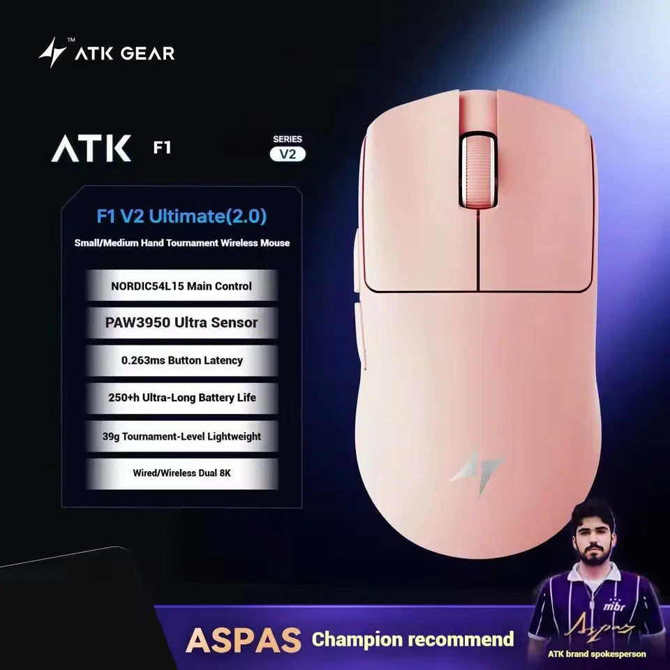 ATK Blazing Sky F1 V2 Ultra Max безжична геймърска мишка с двоен режим, олекотена, PAW3950Ultra, Dual 8K, ниска латентност, ергономична, екстремна