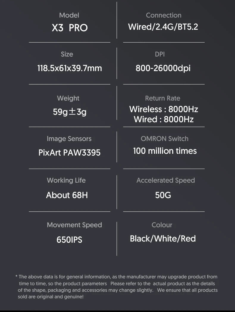 ATTACK SHARK X3/X3PRO 4K/8K trådlös gamingmus, 26K DPI, tri-mode (trådbunden/2.4GHz/BT5.2), lätt, PAW3395-sensor för gamers