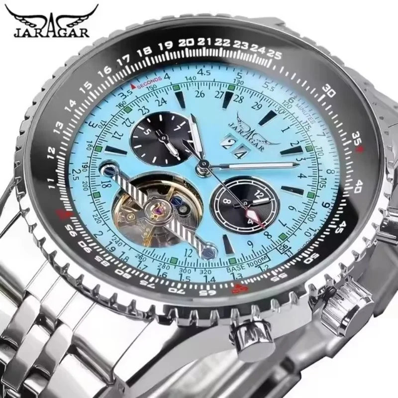 JARAGAR 034 luxe retro automatisch mechanisch horloge, tourbillon, hol skelet, roestvrij staal, weekkalender, herenhorloge