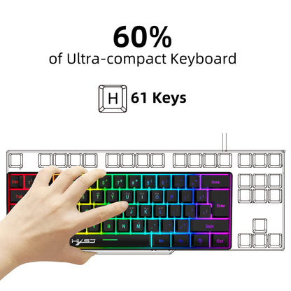 60% RGB Backlit Gaming Keyboard, Compact 61-Key Mini Wired Office Keyboard with Ergonomic Design, USB Connectivity Sleek
