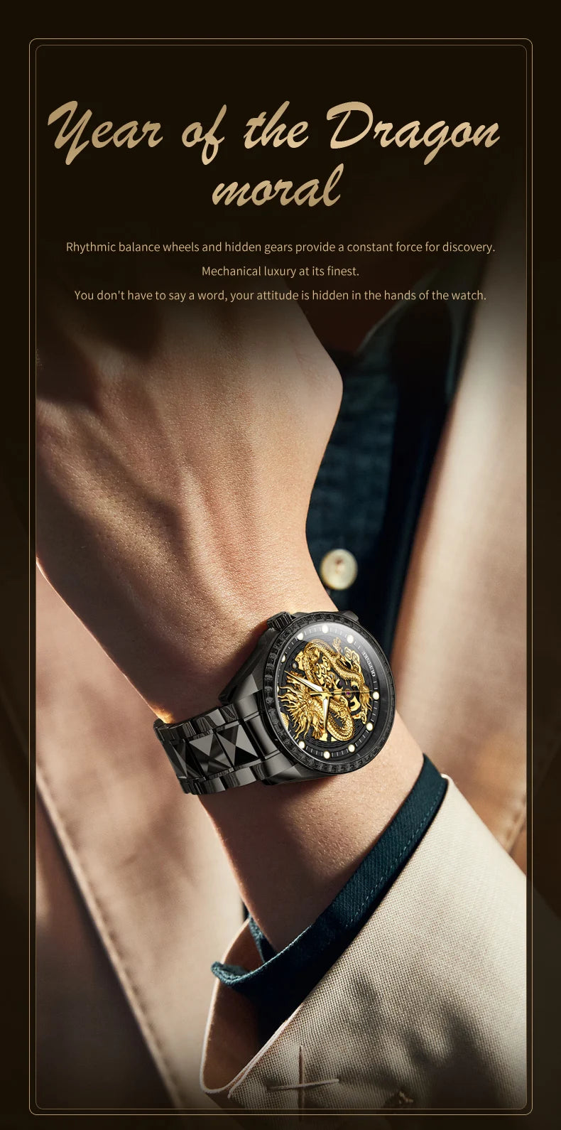 OUPINKE Men's Watches Top Brand Luxury Gold Tungsten Steel Original Automatic Mechanical Wristwatch Featured Dragon Pattern Dial