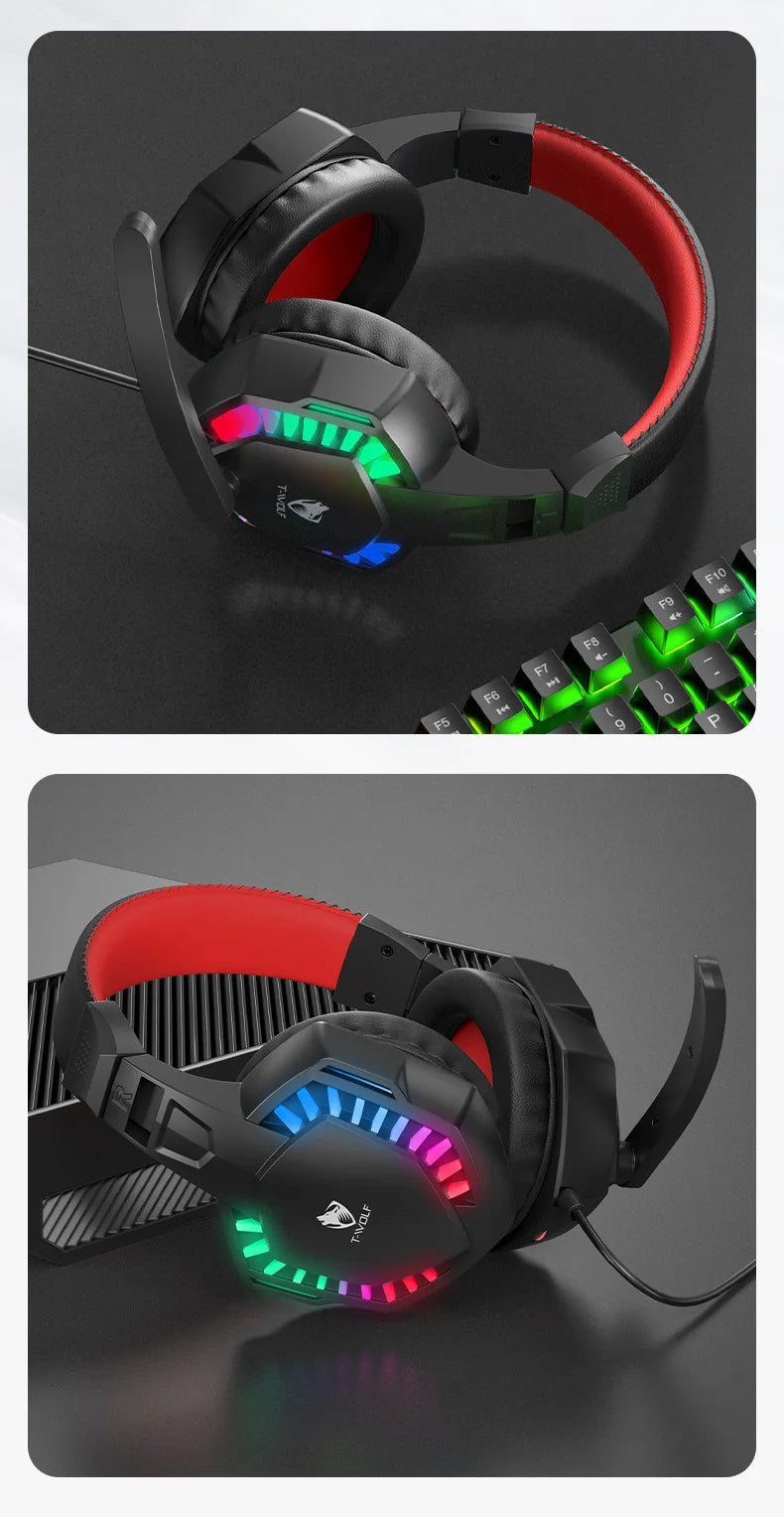 H120 RGB LED Light Wired Headphones USB 3.5mm Audio Interface Bass Stereo Sound Gaming Headsets with High Sensitivity Microphone