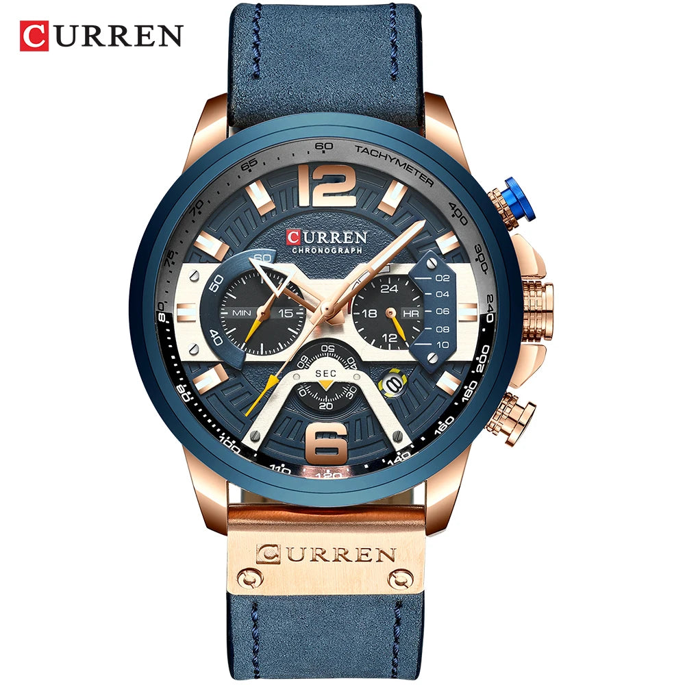 Мъжки часовник CURREN 8329 – Непринуден спортен стил, военен дизайн, кожена каишка, модерен хронограф, луксозен часовник от известна марка