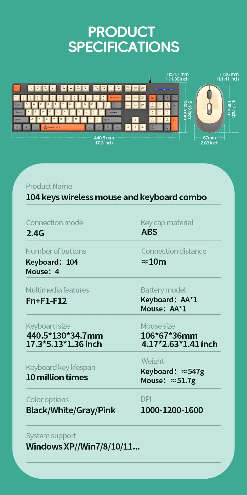 Set inalámbrico de teclado y ratón gaming de oficina NexusClick, ahorro de energía inteligente, tamaño completo, 104 teclas, 1600DPI ajustable, USB para portátil y PC