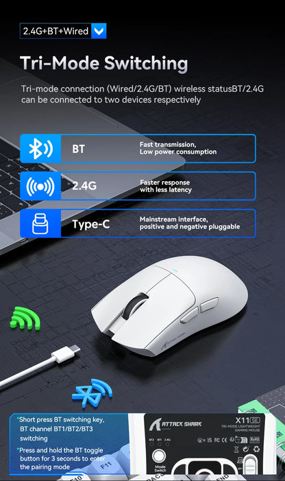 Rato Gaming Sem Fios ATTACK SHARK X11SE, Tri-Mode, Superleve de 63g com Sensor PAW3311, 22000 DPI, Bateria de 300mAh, Duplo Driver