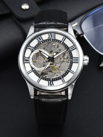 Men’s automatic watch, luxury style, Roman numeral dial, open-worked (skeletonised) movement, water-resistant, luminescent hands, leather strap – An ideal choice as a gift.