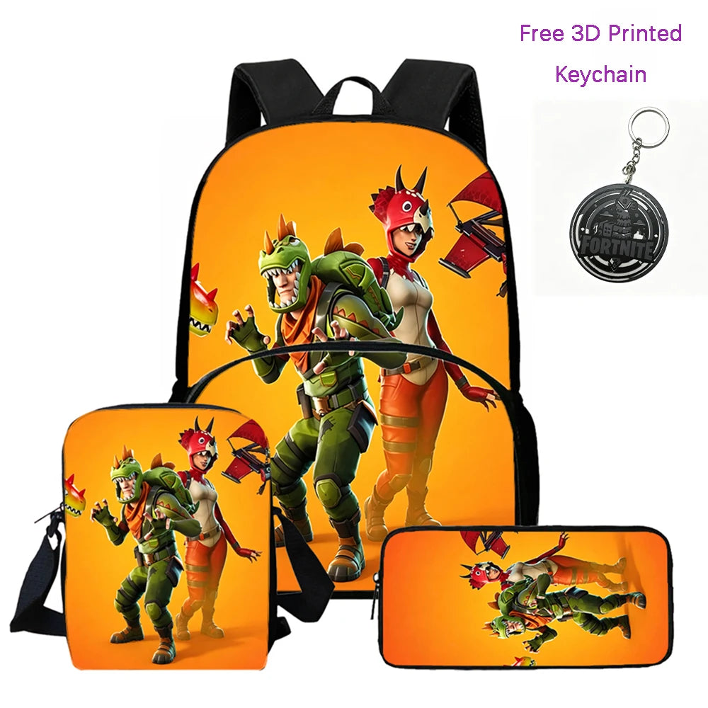 FORTNITE 3Pcs Lightweight Backpack With Front Pocket,Crossbody Bag&Pencil Case For Age 5-10 Boys Girls,Free 3D Printed Keychain