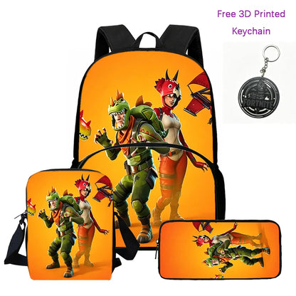 FORTNITE 3Pcs Lightweight Backpack With Front Pocket,Crossbody Bag&Pencil Case For Age 5-10 Boys Girls,Free 3D Printed Keychain