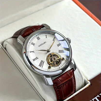 Montre mécanique automatique pour homme – Design ajourélégant, style « business casual » tendance, boîtier en alliage et bracelet en cuir, sans pile
