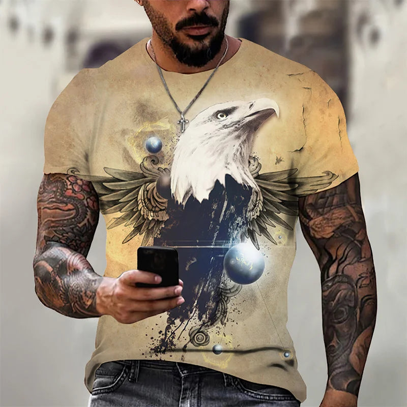 3D-geprint grappig adelaars-T-shirt voor heren, coole dierenprint, zomerse Harajuku-tees, losvallende tops met ronde hals en korte mouwen, T-shirts voor kinderen