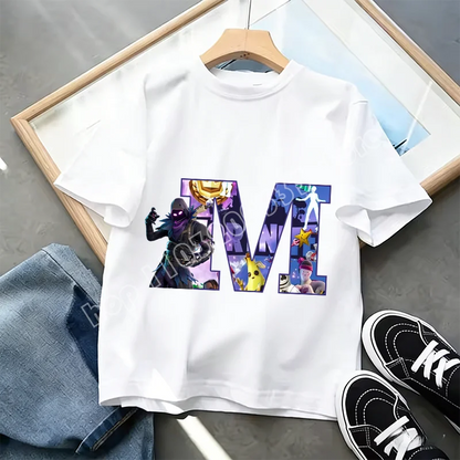 Fortnite A-Z Alphabet Print T-Shirt für Kinder, Sommer, weiß, beliebtes Cartoon-Game-Shirt, modisches Casual-Kurzarmtop, Geschenk