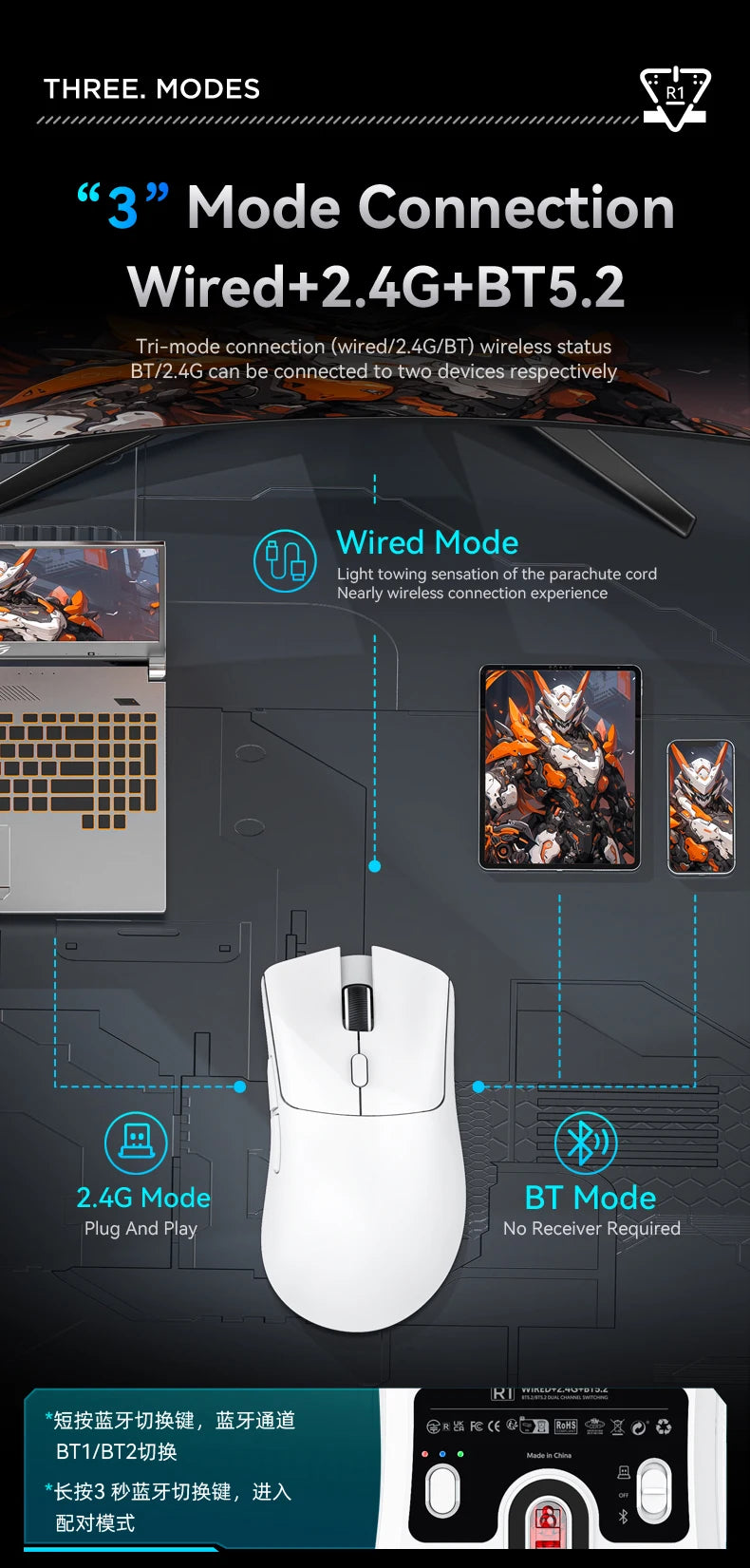 Attack Shark R1 Wireless Mouse Bluetooth Gaming Mouse, Viral Mouse Reviewed by Influencers PAW3311 Sensor, 1000Hz Return-rate