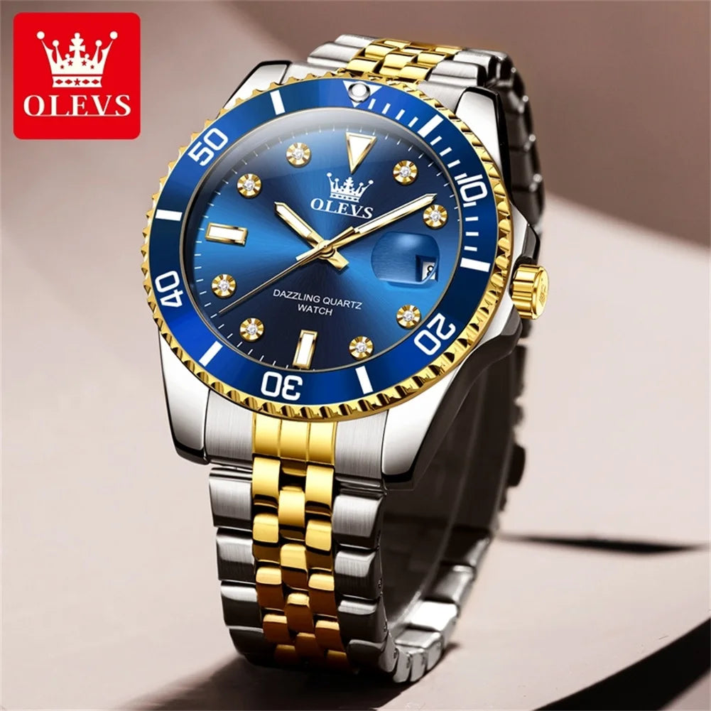 Orologio da uomo OLEVS – Orologio di lusso, stile professionale, impermeabile, con datario, lancette luminescenti, cassa in acciaio inossidabile e quadrante blu – Orologio al quarzo
