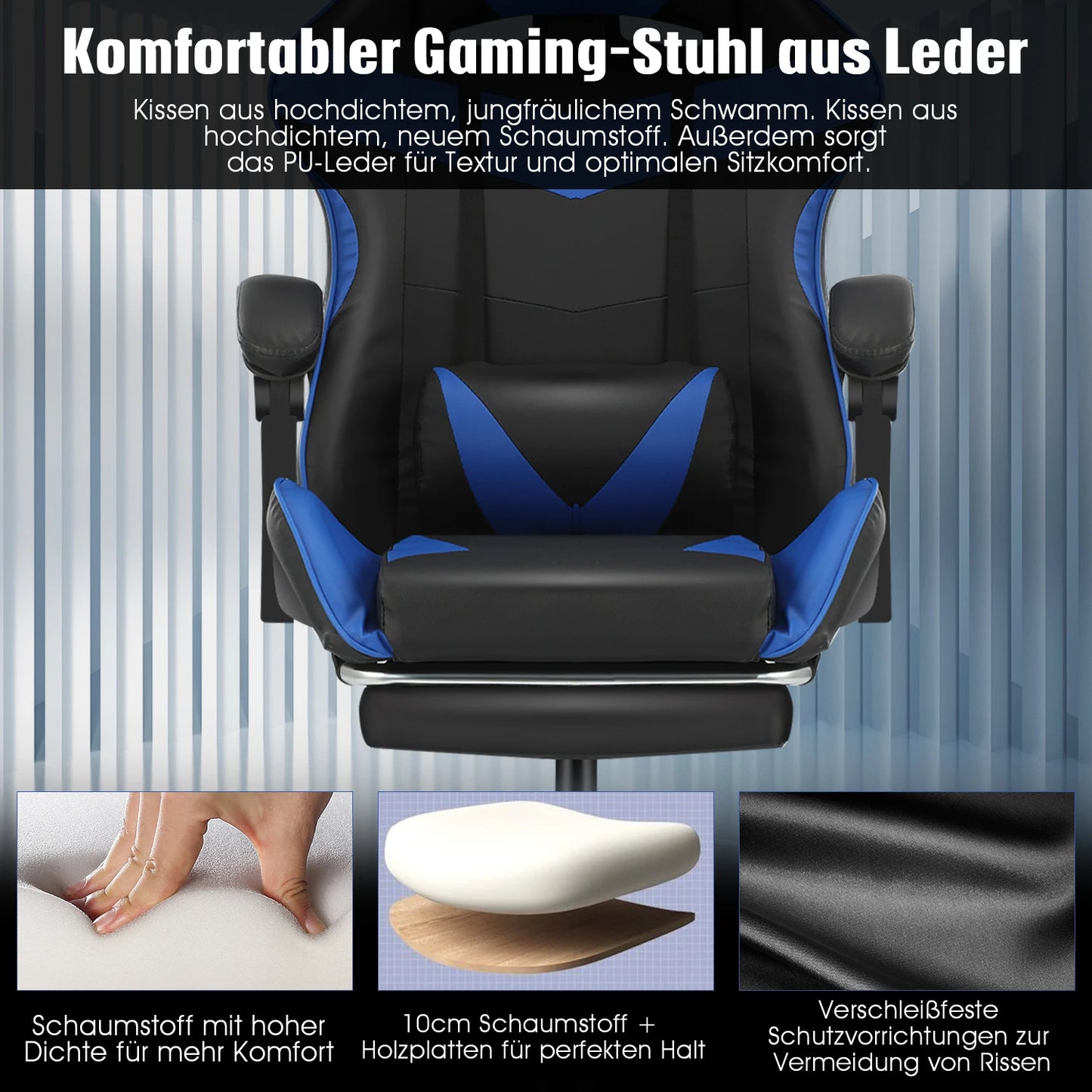 Gaming Massage Chair, Computer Chair + Footrest and Lumbar Support, Height Adjustable Gaming Chair + 360°-Swivel Seat + Headrest
