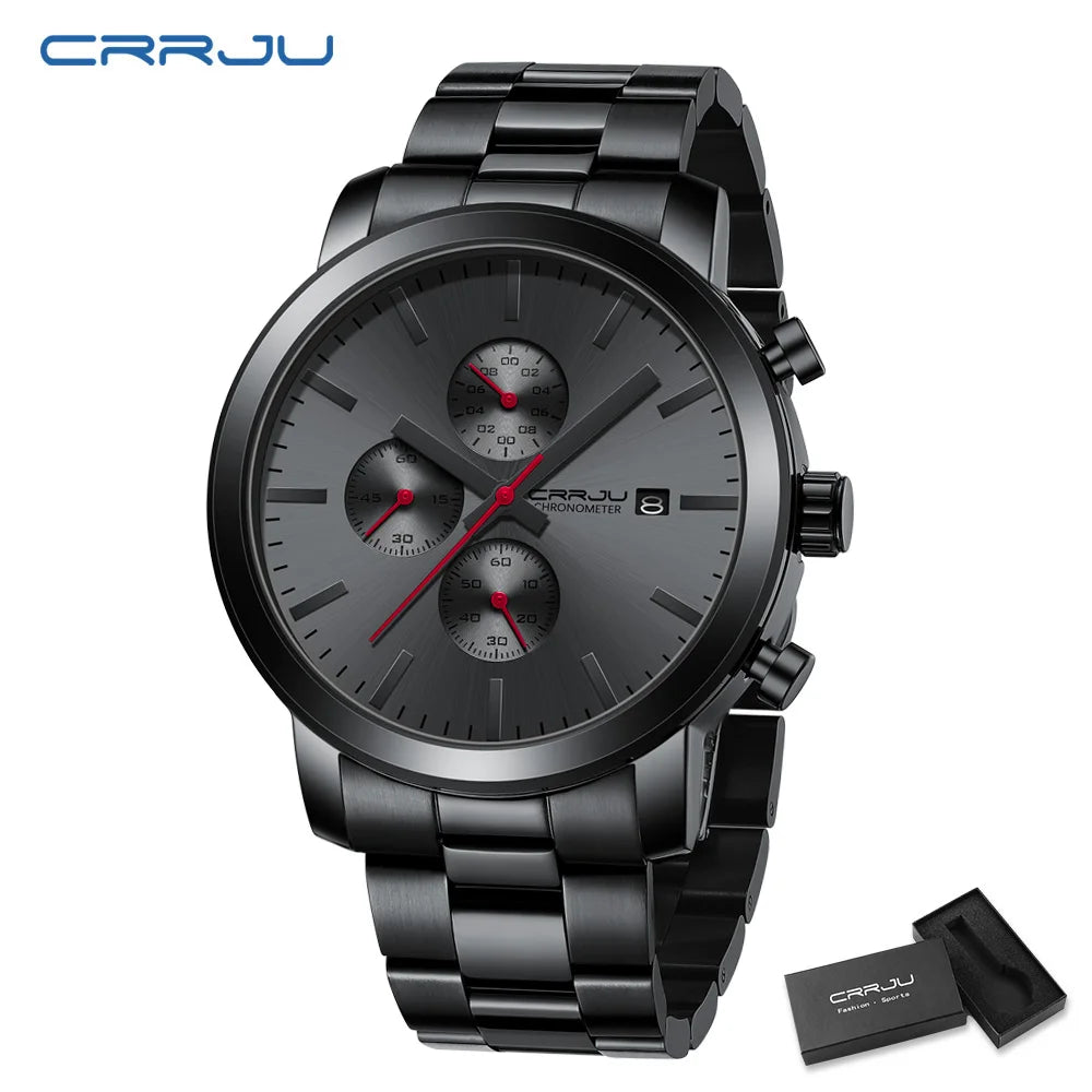 Montre pour homme CRRJU – Chronographe en acier inoxydable, étanche, avec affichage de la date, mouvement à quartz analogique, style élégant et professionnel