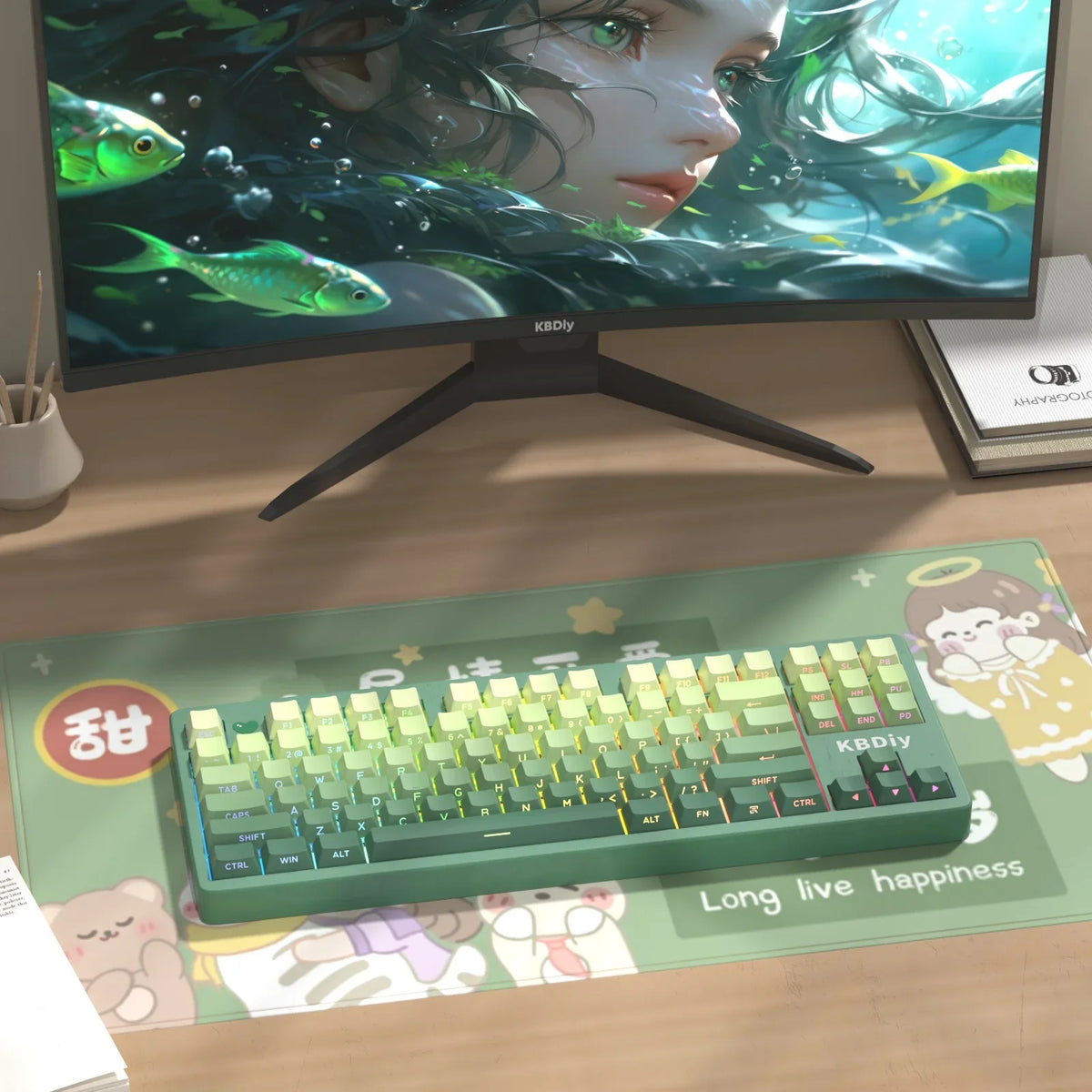 New 133 Keys Gradient Green Shine Through Keycaps Side Printed PBT Keycap Cherry Profile Double Shot for Mechanical Keyboards