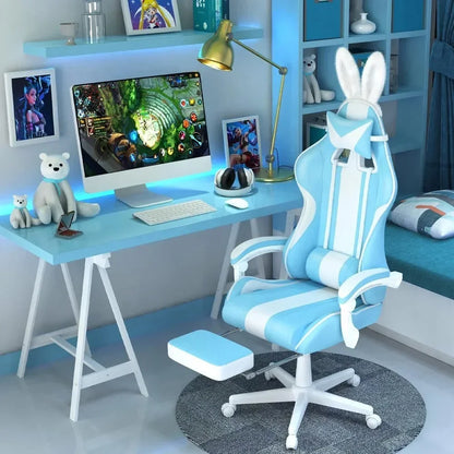 Kawaii Light Blue Gaming Chair with Bunny Ears, Ergonomic Cute Gamer Chair with Footrest, Massage Function, Reclining Racing Style Computer Chair