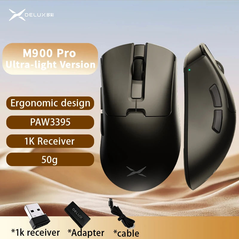 Delux M900PRO Ultra-Light Wireless Gaming Mouse, PAW3395 26K DPI, 1K/8K Polling Rate, Ergonomic Gaming Mouse for Large Hands, 50g PC Gaming Mouse