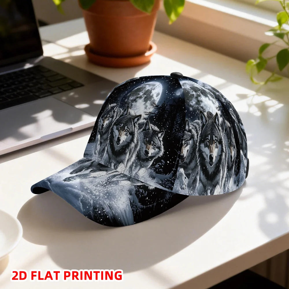 Casquette de baseball classique ornée d’un imprimé plat en 2D représentant des loups sous la pleine lune – casquette légère et ajustable à visière en bec de canard