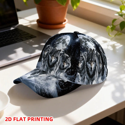 Casquette de baseball classique ornée d’un imprimé plat en 2D représentant des loups sous la pleine lune – casquette légère et ajustable à visière en bec de canard