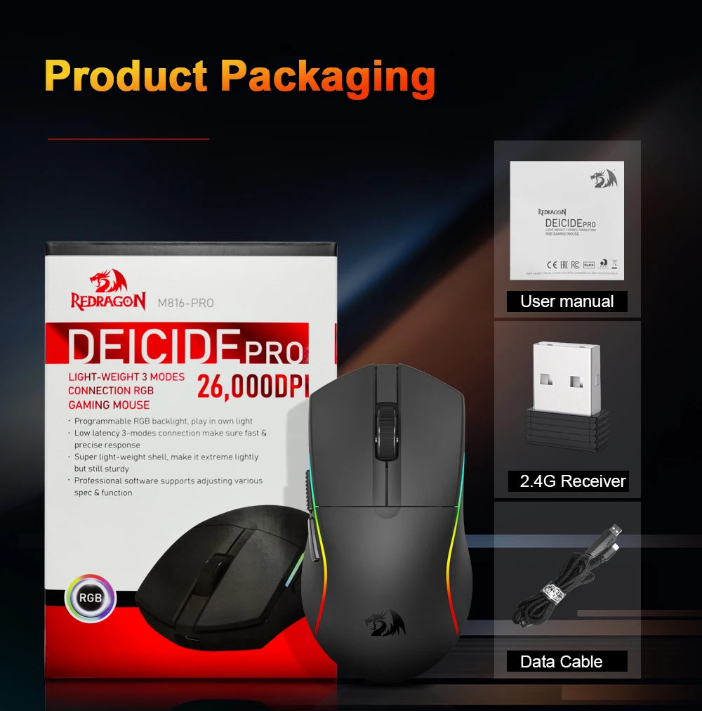 REDRAGON DEICIDE M816 PRO RGB USB Support Bluetooth 2.4G Wireless Gaming Mouse 26000 DPI 6 Buttons for Gamer Wired Mice Computer