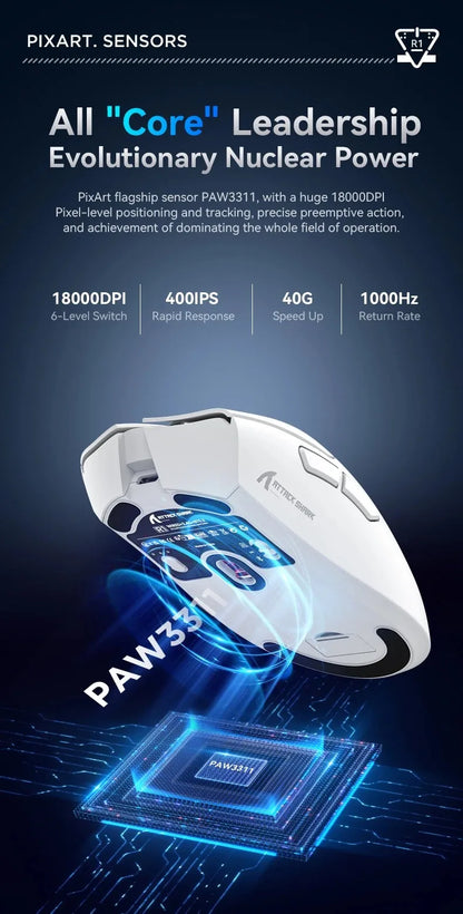 Attack Shark R1 Wireless Mouse for Gaming 1000 Hz PAW3311 Sensor, Rechargeable, Bluetooth Tri-mode, Ergonomic