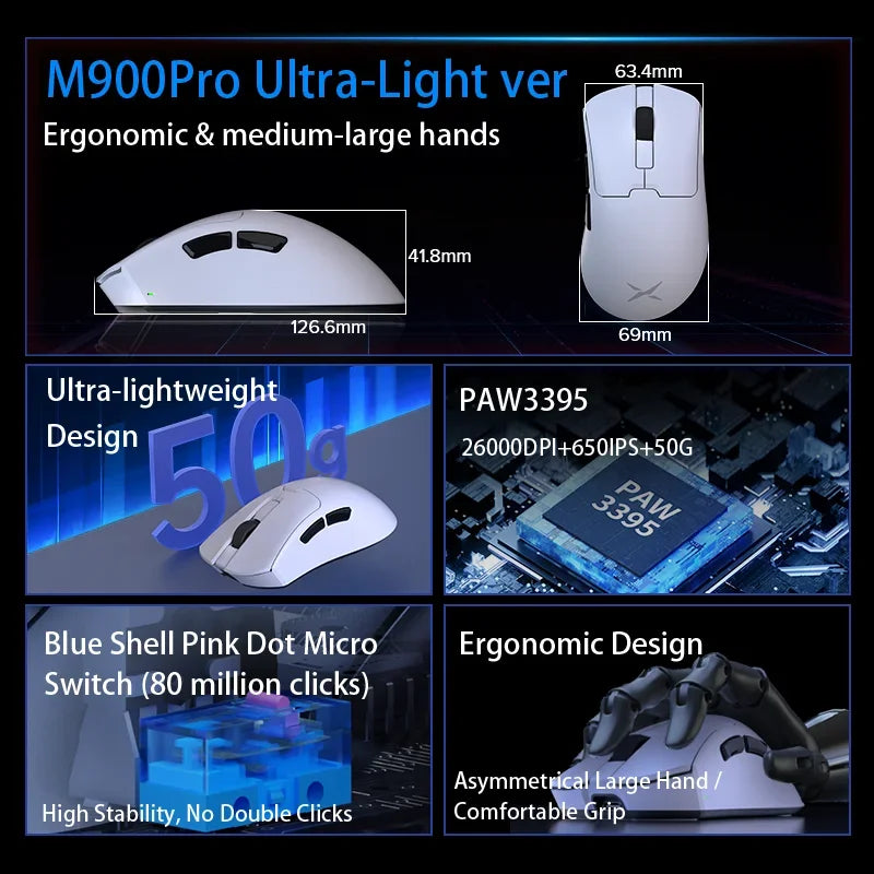 Delux M900PRO Ultra-Light Wireless Gaming Mouse, PAW3395 26K DPI, 1K/8K Polling Rate, Ergonomic Gaming Mouse for Large Hands, 50g PC Gaming Mouse