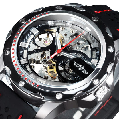 Reloj automático para hombre WINNER: modelo mecánico esqueleto, agujas luminiscentes, correa de caucho, estilo deportivo y lujoso, ideal para actividades al aire libre