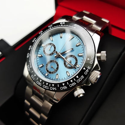20 Color Business 39mm Quartz Watch Men's Timing Sapphire Crystal VK63 Movement Calendar Luminous Blue Dial Stainless Steel Strap