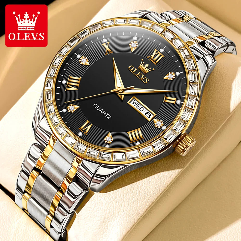 OLEVS 9906 men’s quartz watch, square model set with diamonds, stainless steel strap, water-resistant, with dual calendar; a luxury, original wristwatch, ideal for the workplace.
