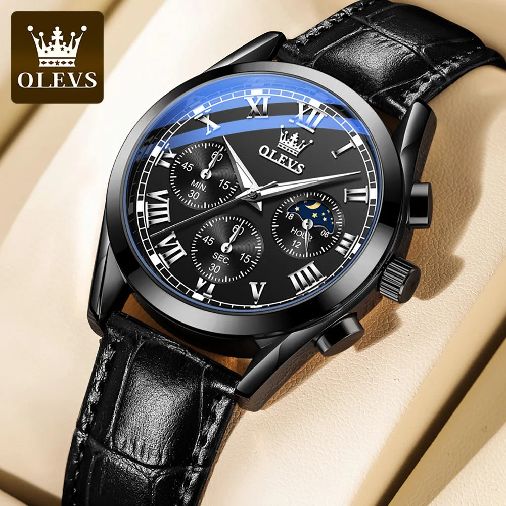 Montre à quartz pour homme OLEVS 2871 – Modèle de grande marque, étanche, style business, avec affichage des phases de lune, aiguilles luminescentes et bracelet en cuir.
