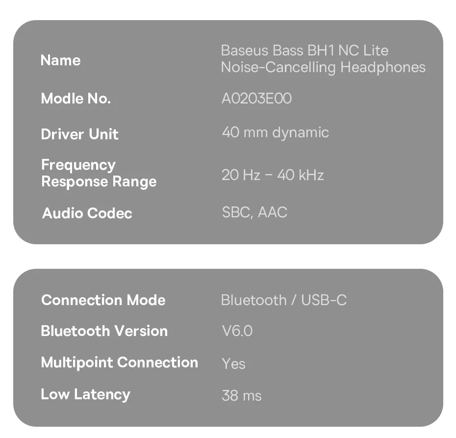 Baseus Bass BH1 NC Lite ANC Wireless Headphones Bluetooth 6.0 Noise Cancelling Headset 80H Battery Over Ear Earphones