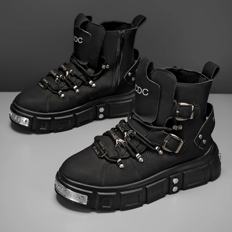 Baskets montantes noires à rivets, mode, pour homme, en cuir, design de luxe, chaussures de ville, style gothique et punk, bottes de moto pour homme, grandes tailles jusqu'à la taille 46