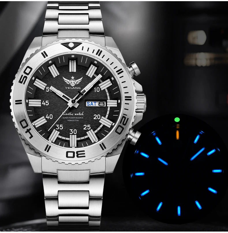 Yelang Watches V1035 44mm Men's Diving Watch Human Kinetic Energy Watch 100m Waterproof Watches Luminous Japan PX83 Sapphire