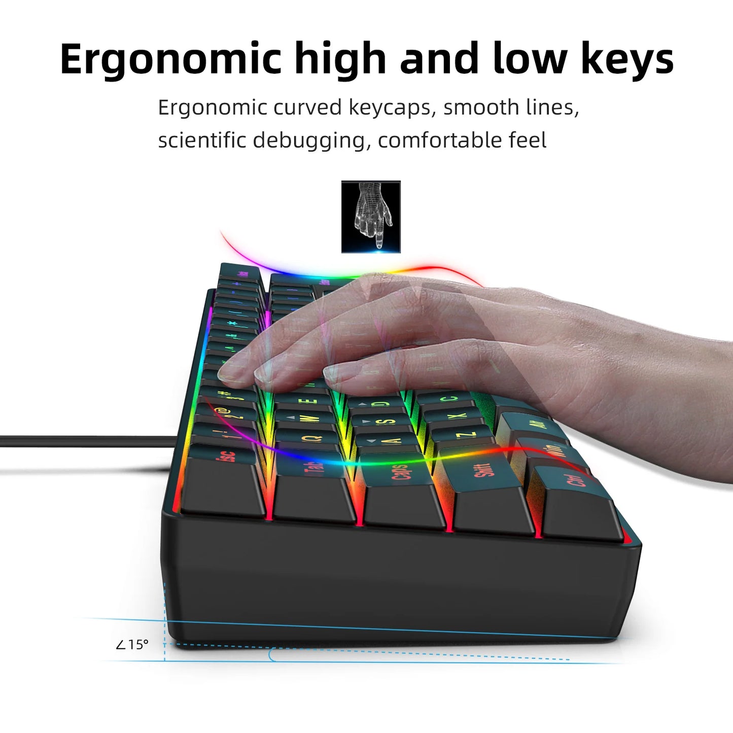60% RGB Backlit Gaming Keyboard, Compact 61-Key Mini Wired Office Keyboard with Ergonomic Design, USB Connectivity Sleek