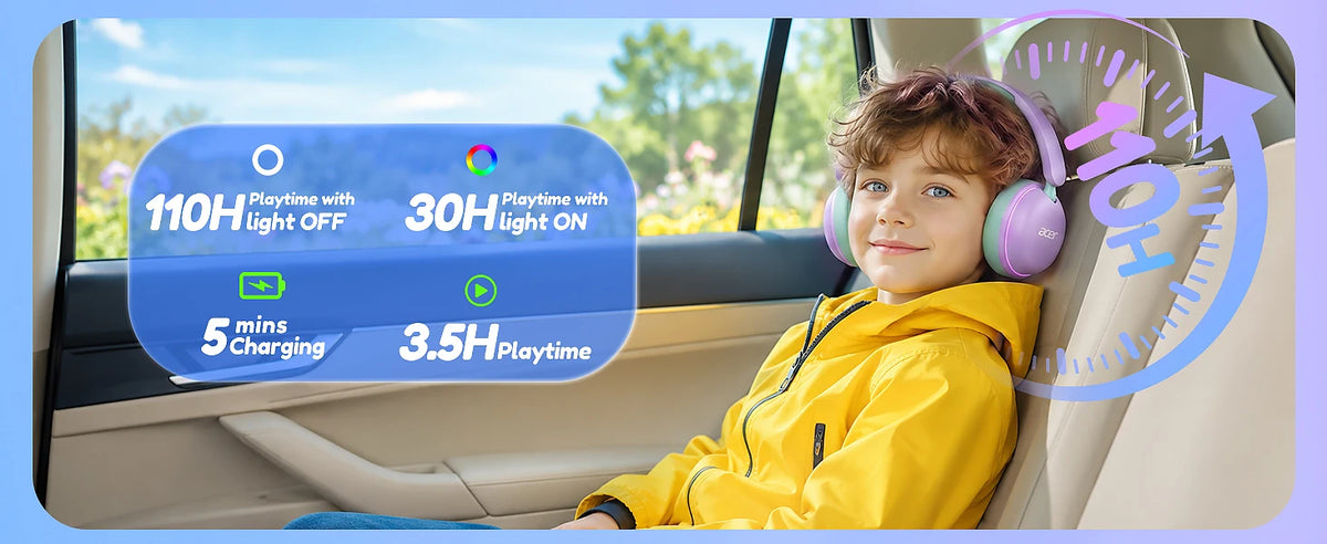 Casque Bluetooth 6.0 pour enfants Acer OHR727 avec lumières LED, conception confortable circumaurale, volume sécurisé de 85 dB, autonomie de 110 heures, microphone intégré