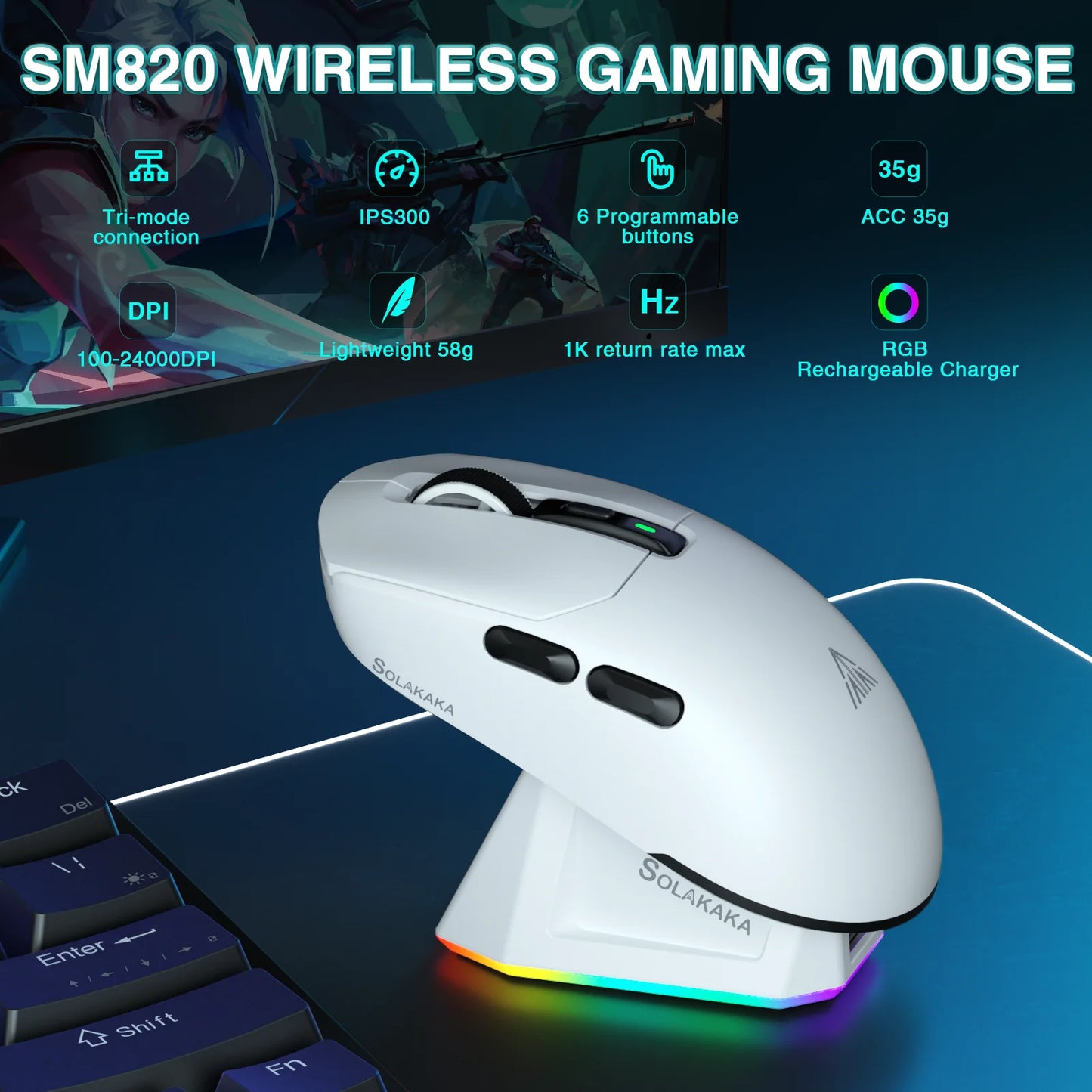 Mouse gaming wireless SOLAKAKA SM820 tri-mode, dock magnetic reîncărcabil, RGB, PAW3311, 24000DPI, macro, ultra-ușor